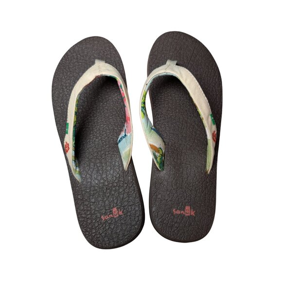 Sanuk Women’s 10 Yoga Paradise Palm Print Flip Flop Sandals Brown Canvas Strap - Picture 2 of 8